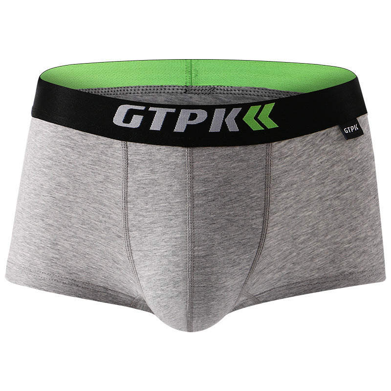 Gray boxer briefs with a green waistband featuring 'GTPK' branding on a white background.