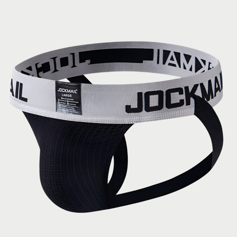 A black and gray Jockmail jockstrap with text branding on the waistband.