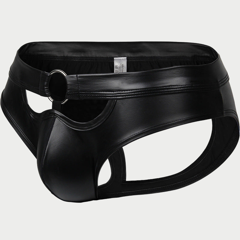 A black faux leather jockstrap with a central ring and minimal coverage.