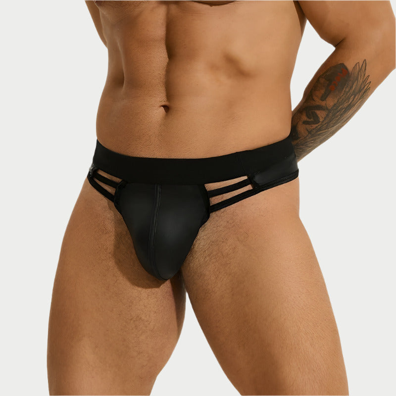 Black men's underwear with cut-out design on a white background