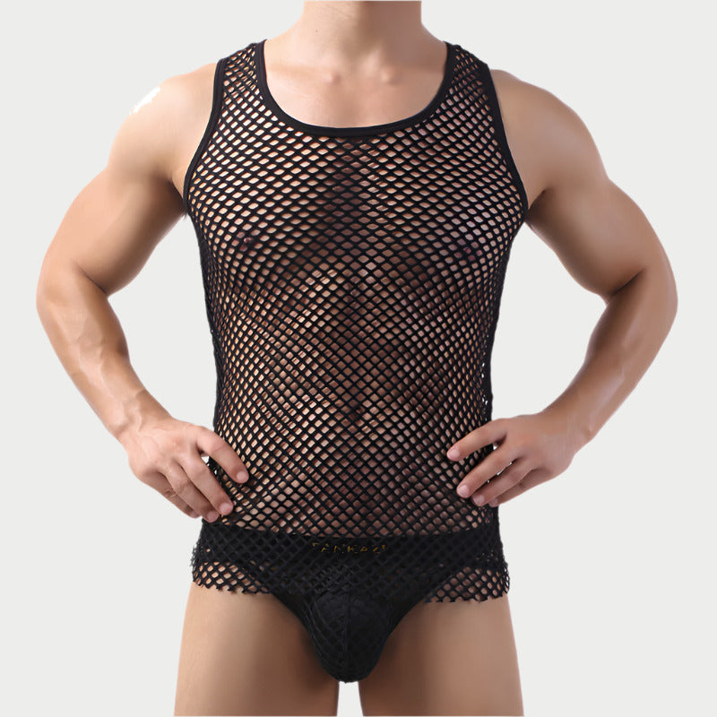 A male model wearing a black mesh fishnet tank top