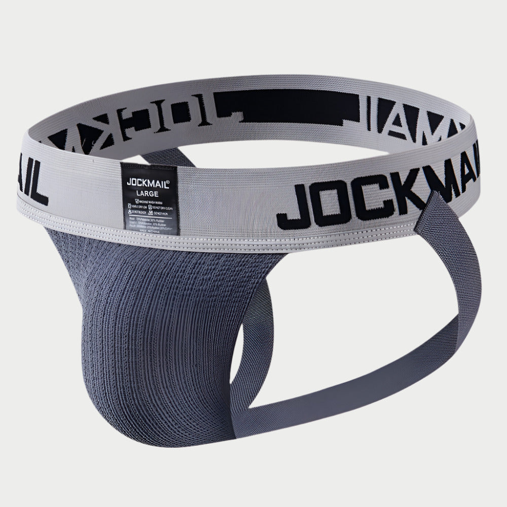 A gray Jockmail jockstrap with a elastic waistband and drawstring.