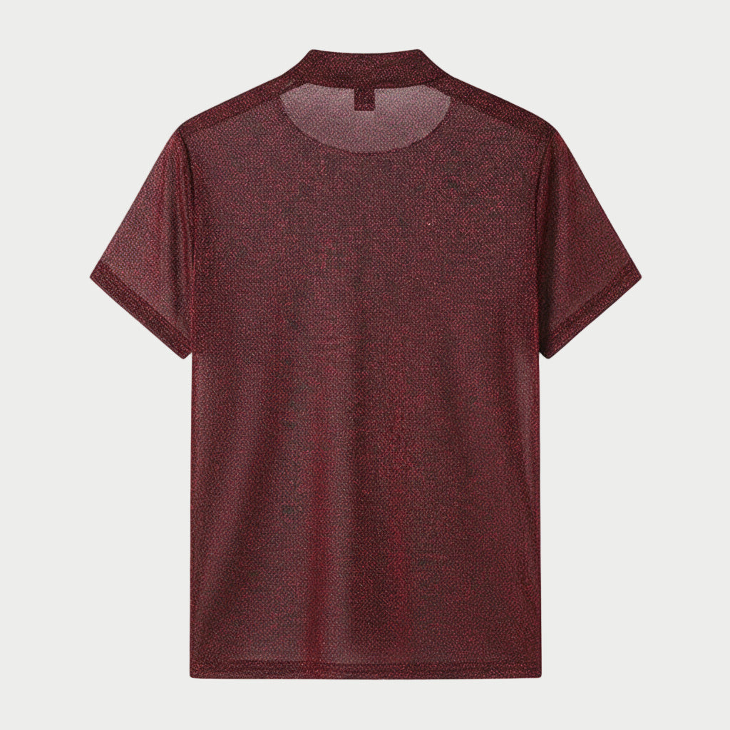Red Sheer Metallic Mock Neck Tee