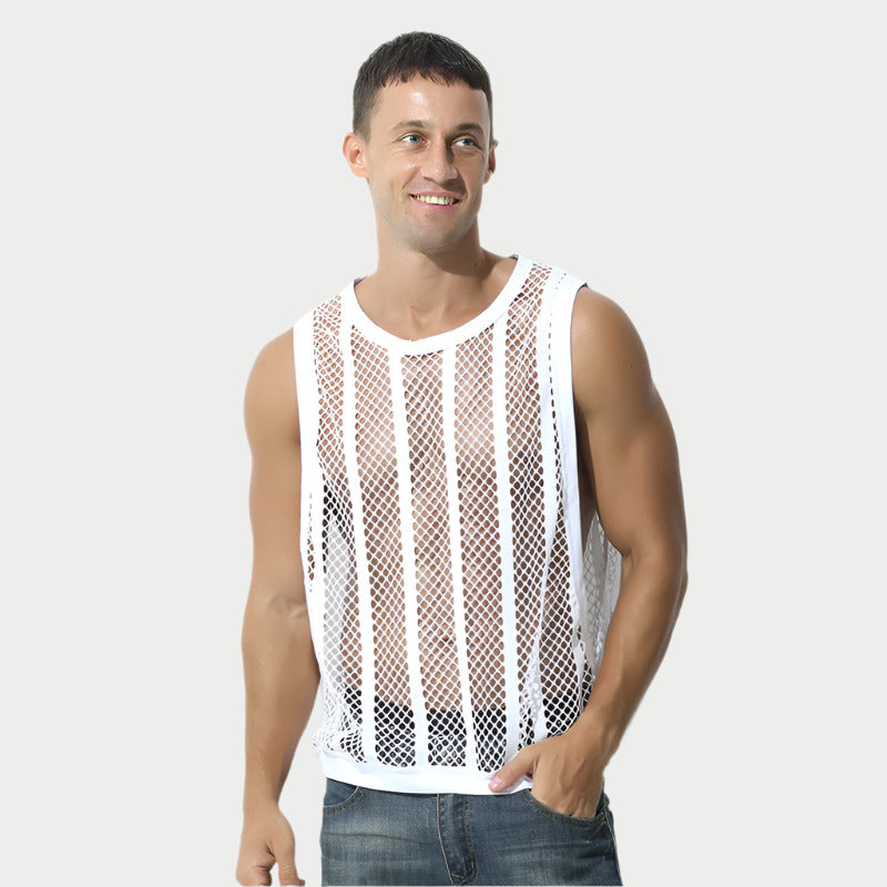 A male model wearing a white mesh striped vest top and blue jeans.