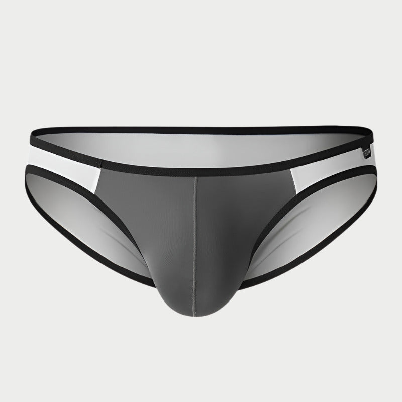 A pair of low-waist briefs with a gray and black color scheme and a visible elastic waistband.