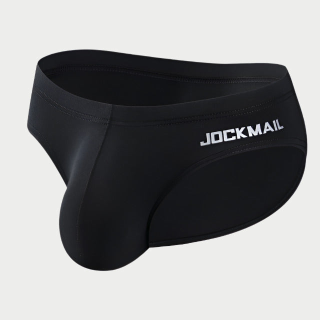 A pair of black cotton jock briefs with the brand name 'JOCKMAIL' printed on the front.