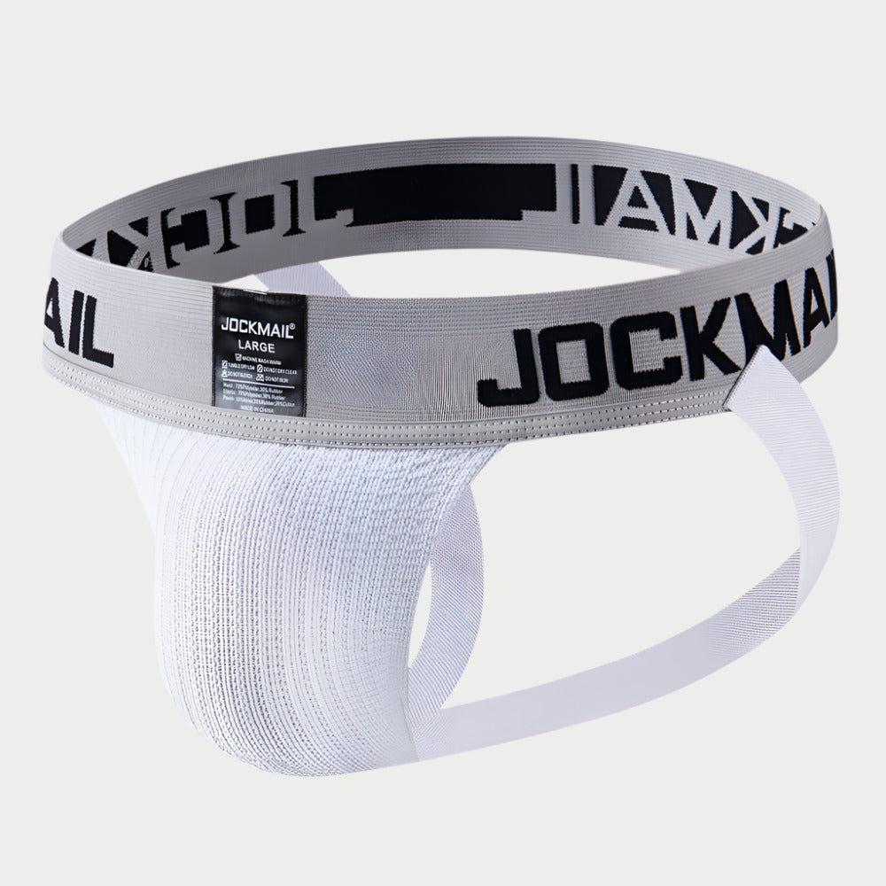 A white breathable sports jockstrap with a gray elastic waistband that has the word 'JOCKMAIL' printed on it.