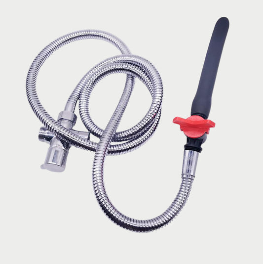 Metal hose with spray nozzle on a white background