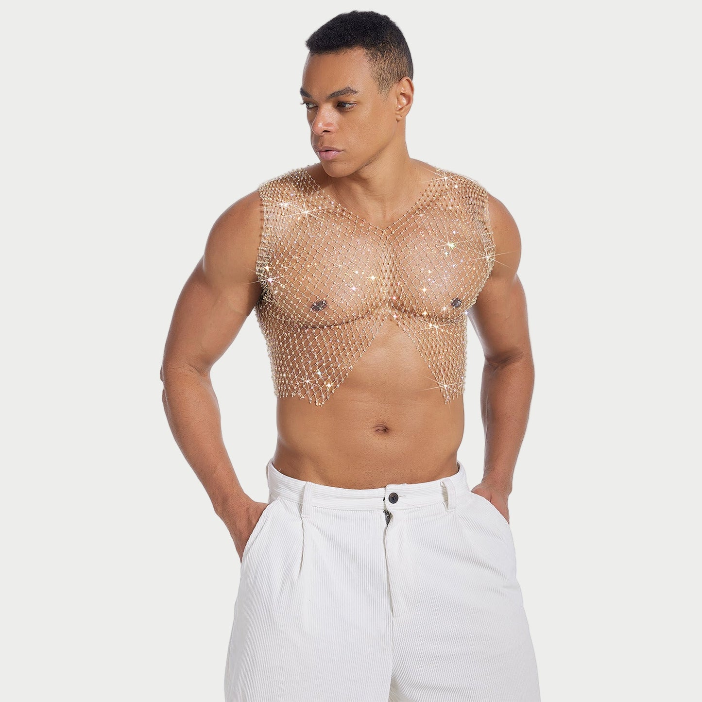 Rhinestone V-Cut Mesh Top