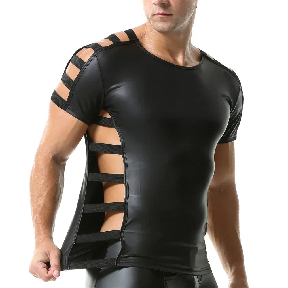Side Strap Open Leather Tee