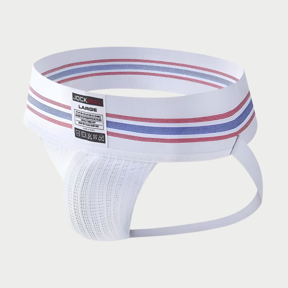 White athletic support belt with red and blue stripes on a white background