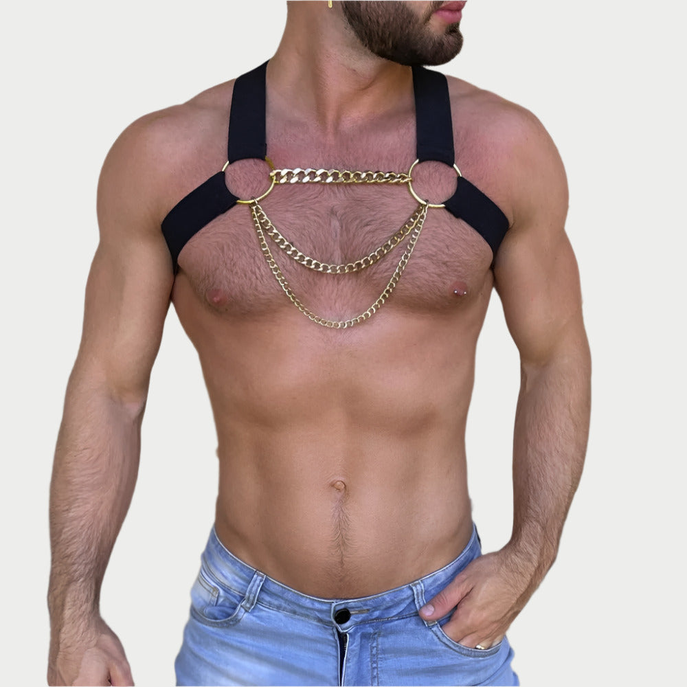 Elastic Chest Harness with Gold Chains