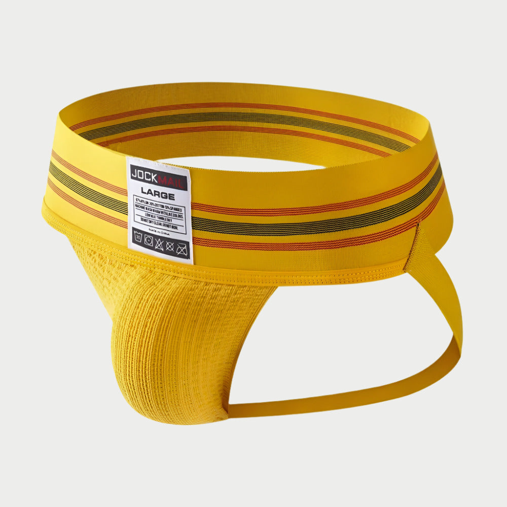Yellow jockstrap with red and black stripes on a white background