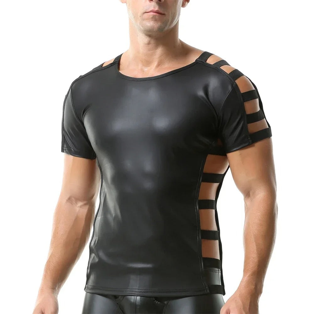 Side Strap Open Leather Tee