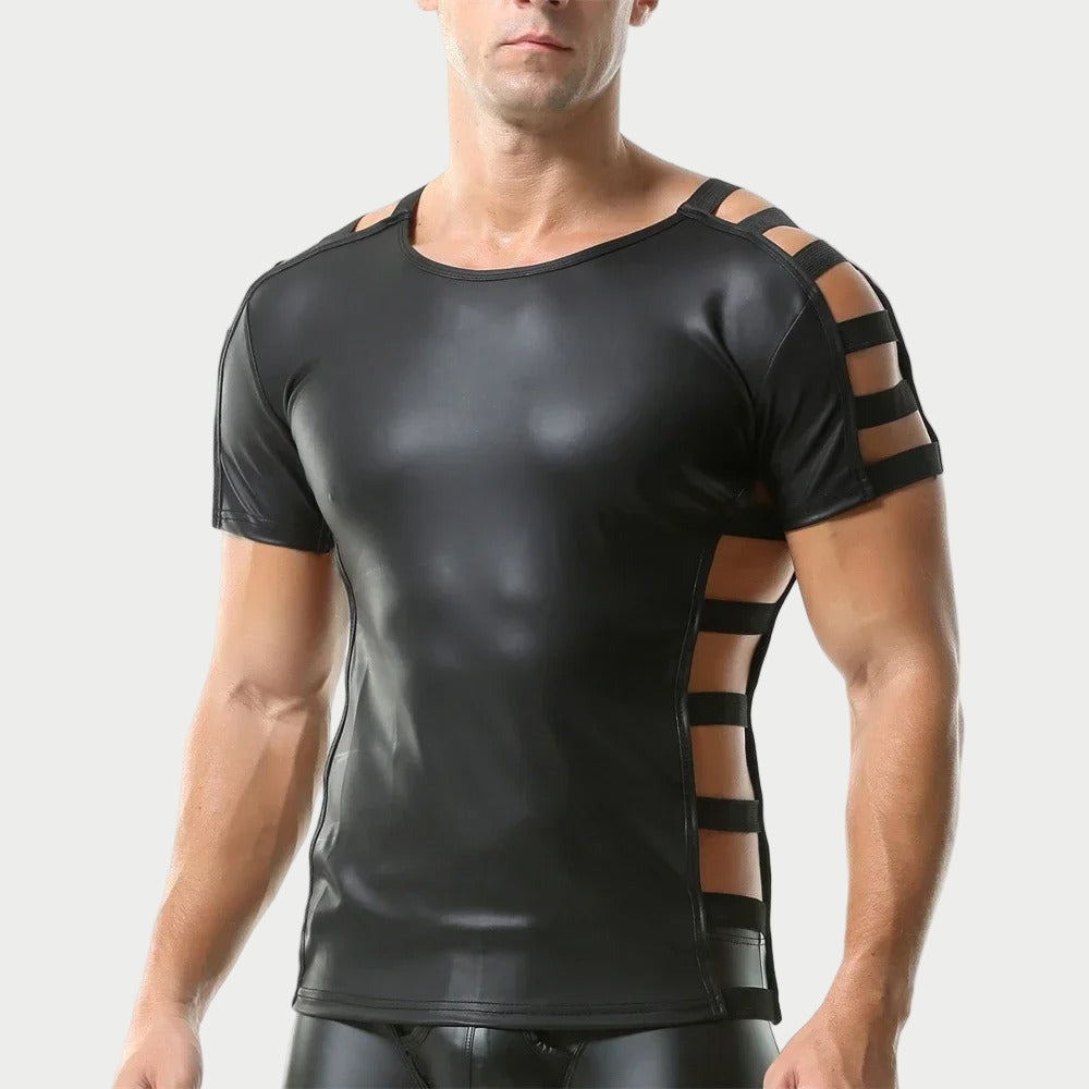 Side Strap Open Leather Tee