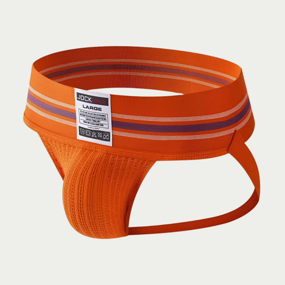 Orange men's underwear with striped waistband on a white background