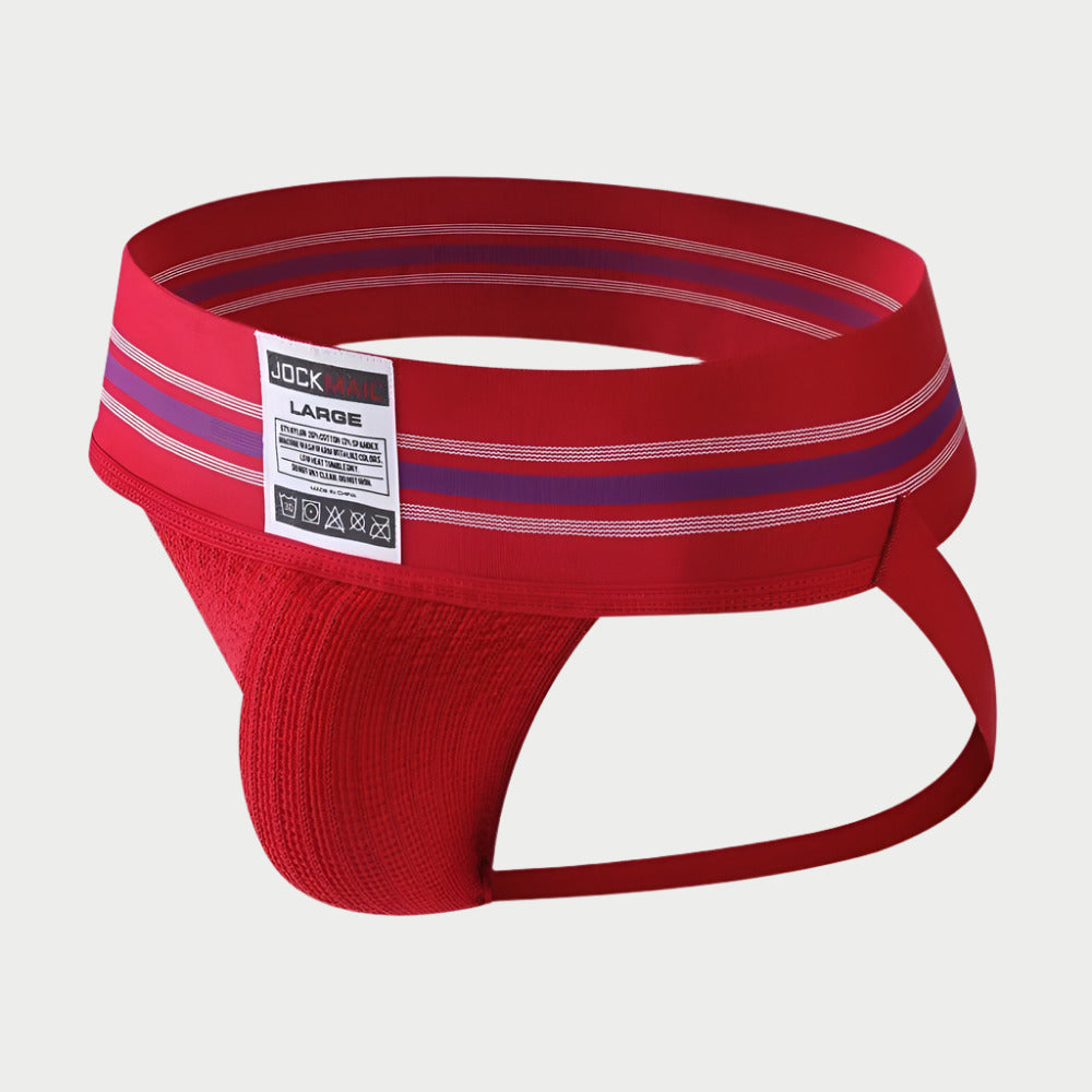 Red athletic jockstrap with purple and white stripes on a white background