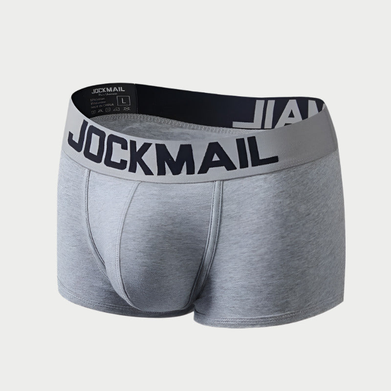 Gray boxer briefs with black waistband featuring 'Jockmail' brand on a white background