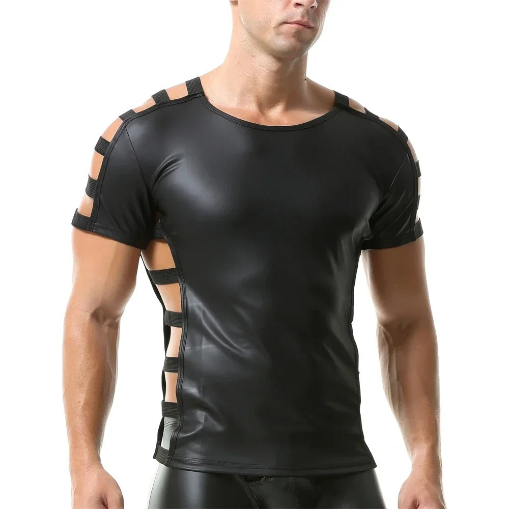 Side Strap Open Leather Tee