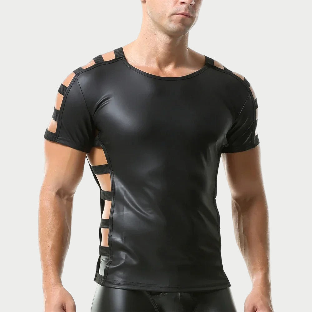 Side Strap Open Leather Tee