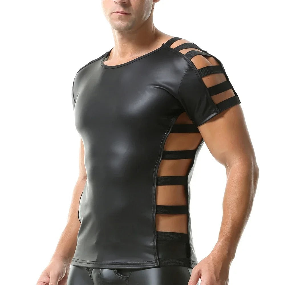 Side Strap Open Leather Tee