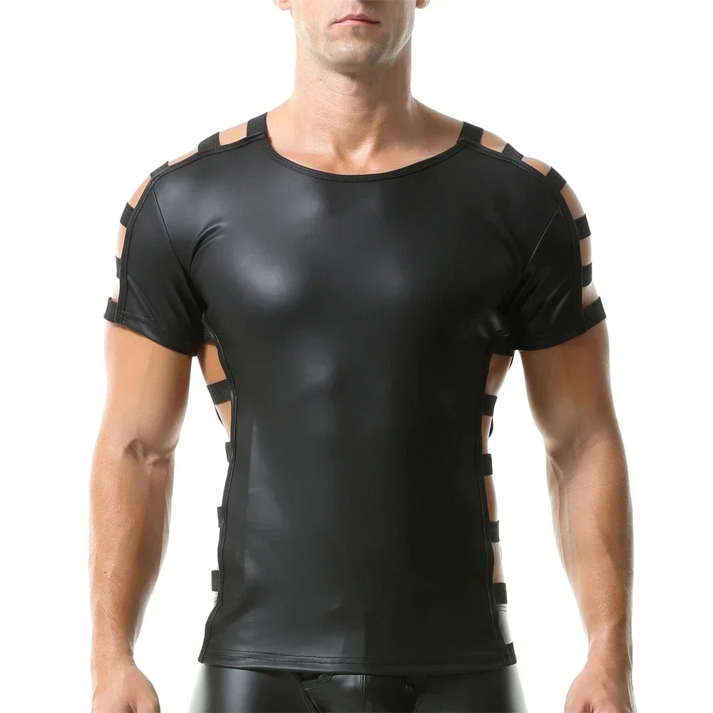 Side Strap Open Leather Tee