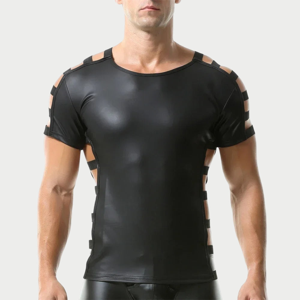 Side Strap Open Leather Tee