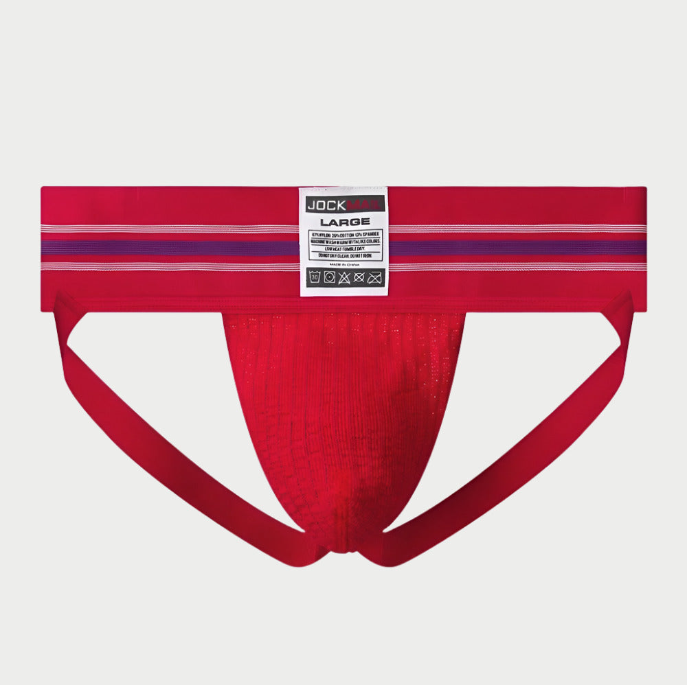 Red men's underwear with a label on a white background