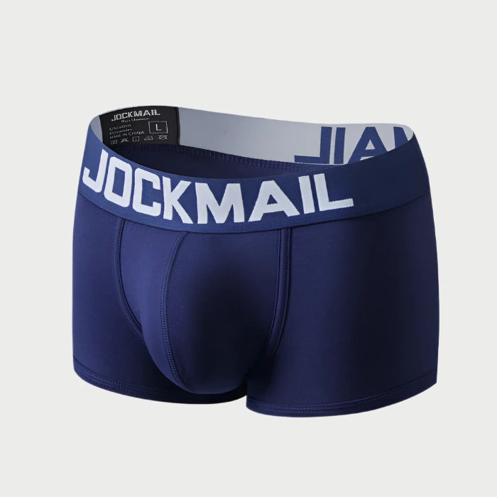 Blue boxer briefs with white logo on a white background