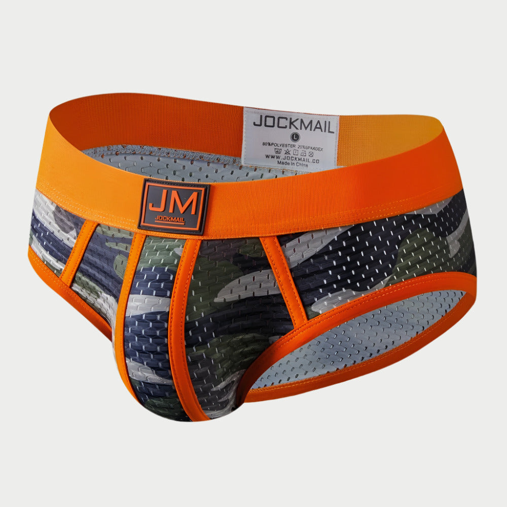 Camouflage men's underwear with orange waistband on a white background