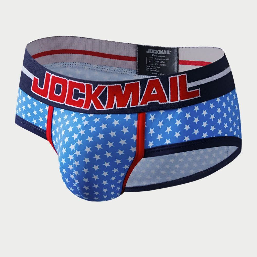 Blue underwear with star pattern and red accents on a white background