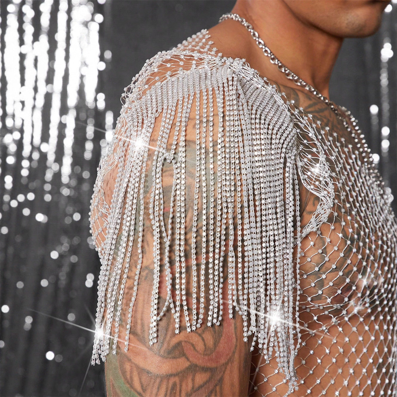 Rhinestone Fringe Mesh Top