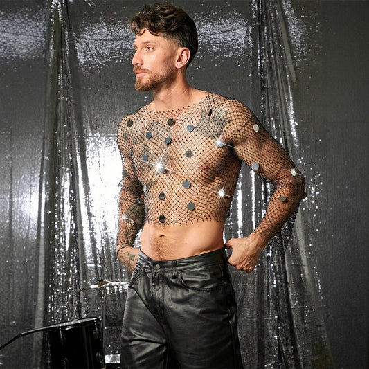 Mirror Sequin Cropped Rhinestone Mesh Top