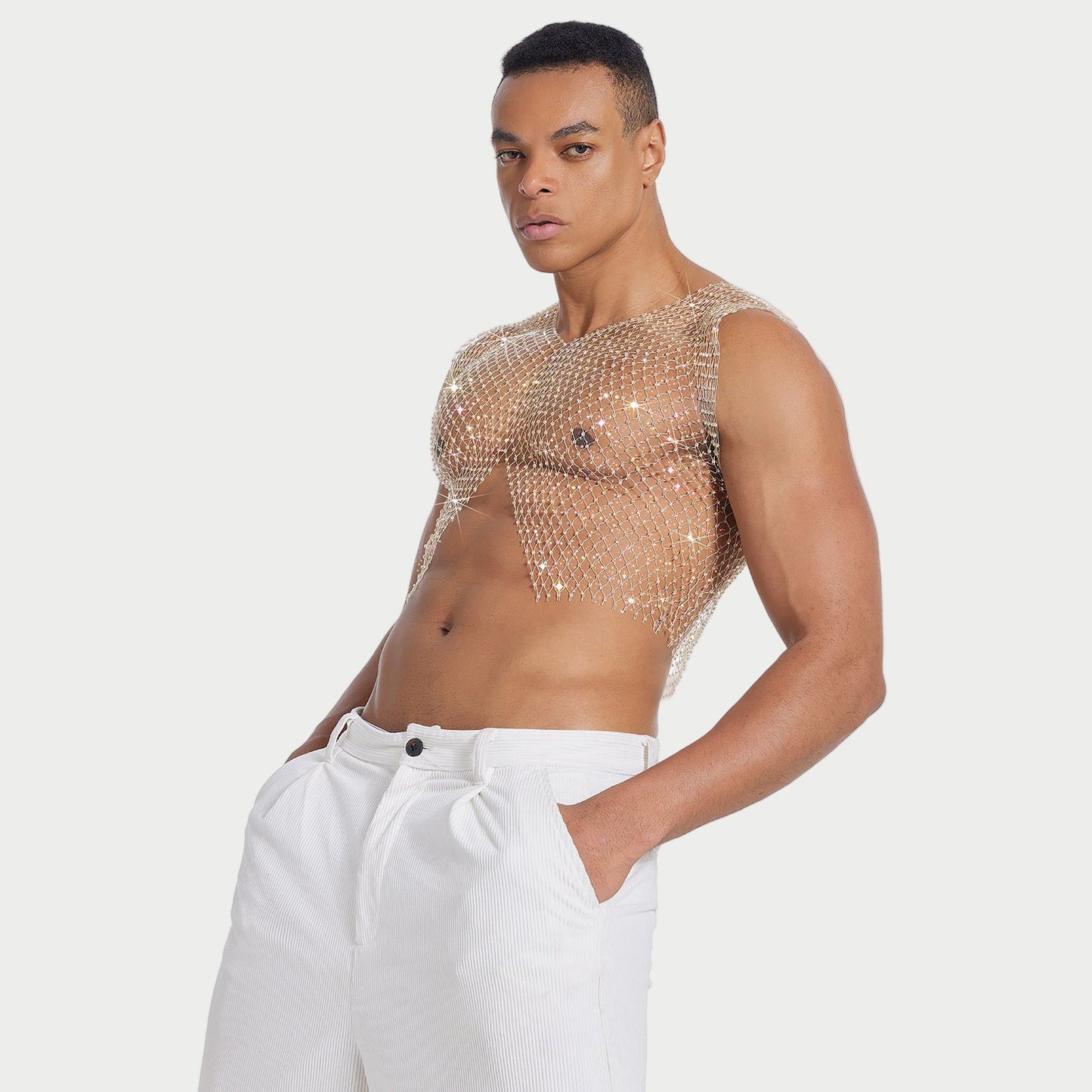 Rhinestone V-Cut Mesh Top