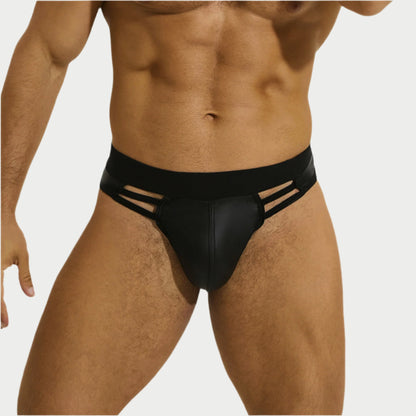 Black men's underwear with cut-out design on a white background