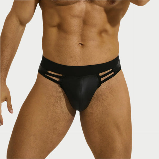 Black men's underwear with cut-out design on a white background