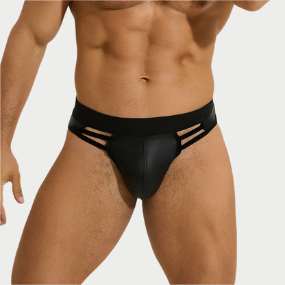 Black men's underwear with cut-out design on a white background