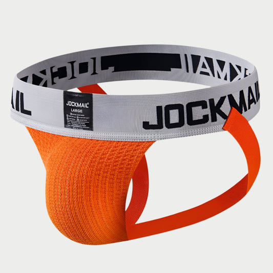 An orange and gray sports jockstrap with the brand name 'Jockmail' printed on the waistband.