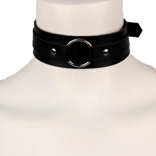Black leather choker with a silver ring on a mannequin against a white background