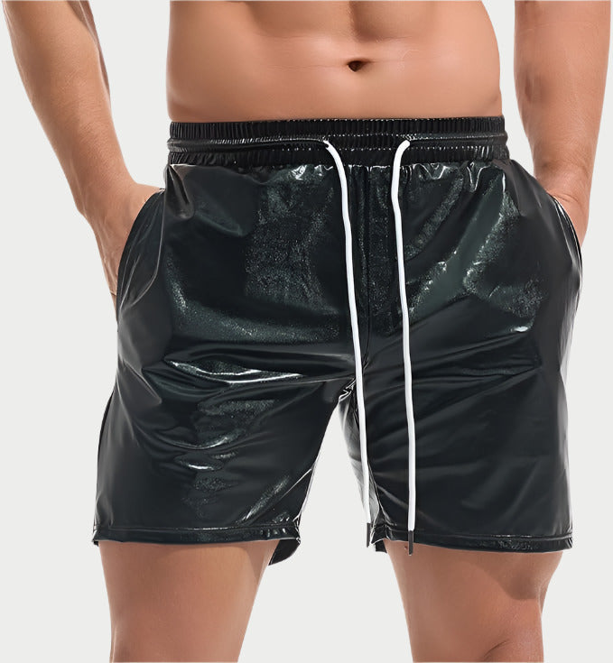 Black shiny shorts with white drawstring on a white background