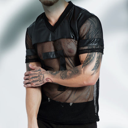 Mesh Leather Football V-Neck Tee