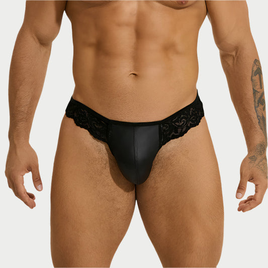 Black men's underwear with lace trim on a white background