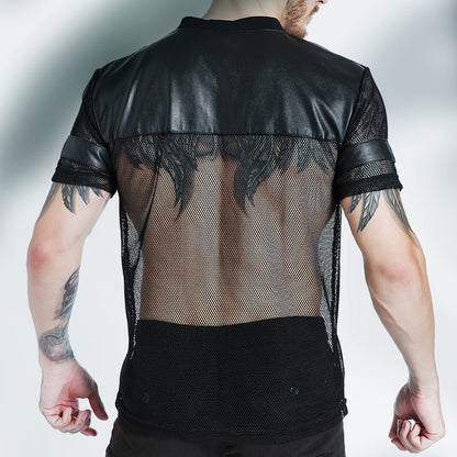 Mesh Leather Football V-Neck Tee