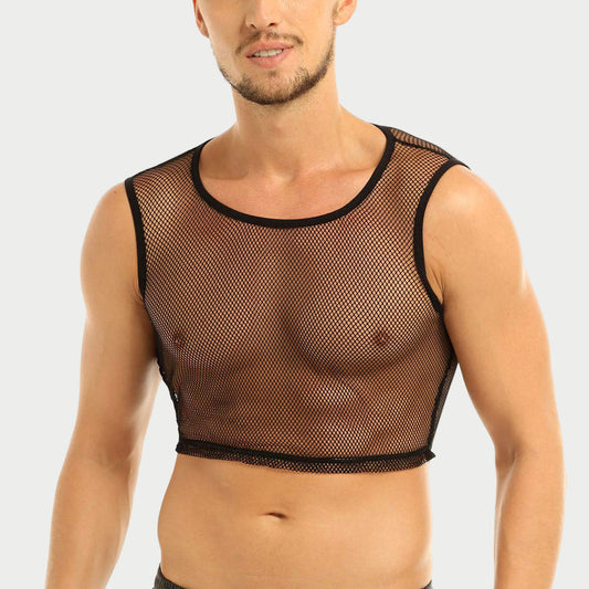 Man wearing a black mesh tank top on a white background