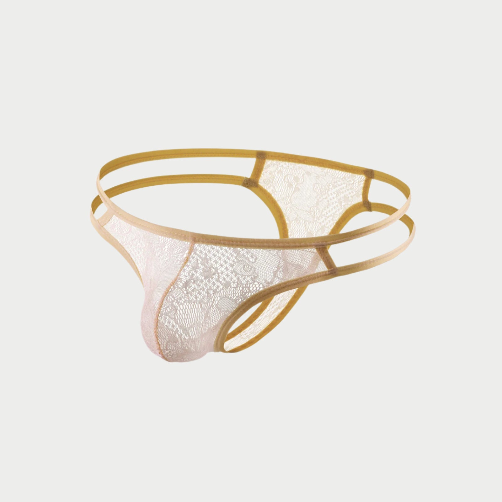 White mesh thong with gold accents on a white background