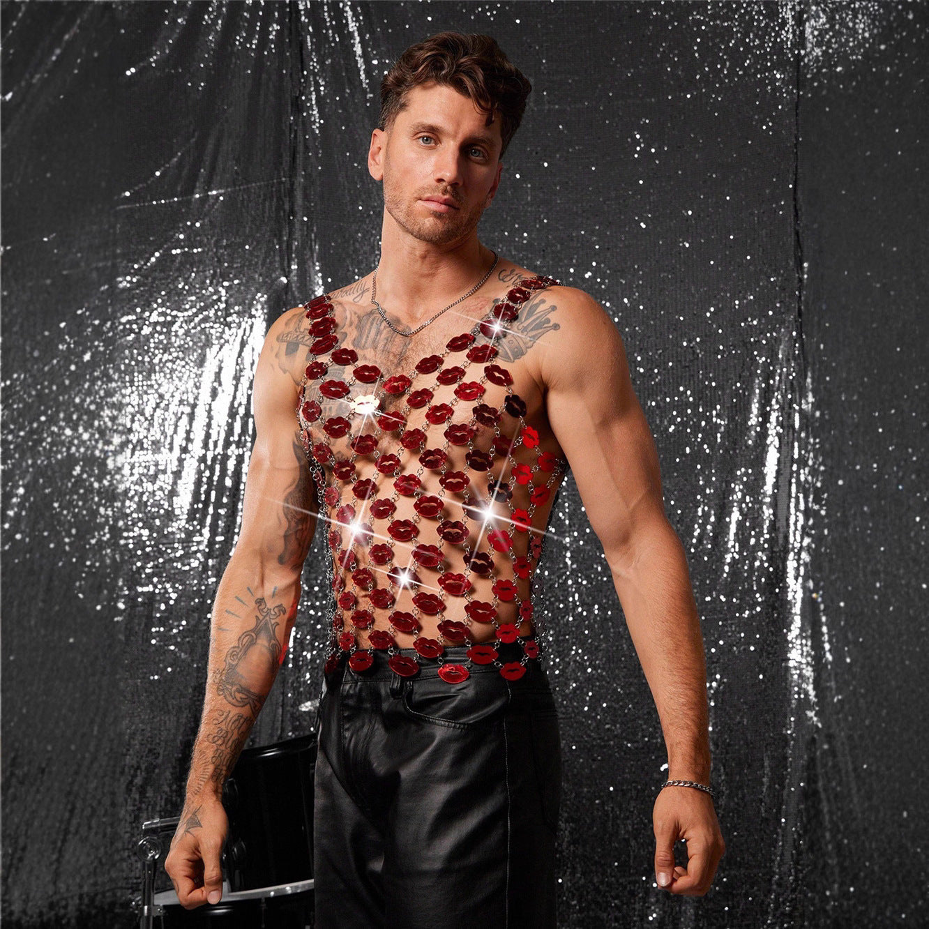 Red Lip Sequin Chain Top