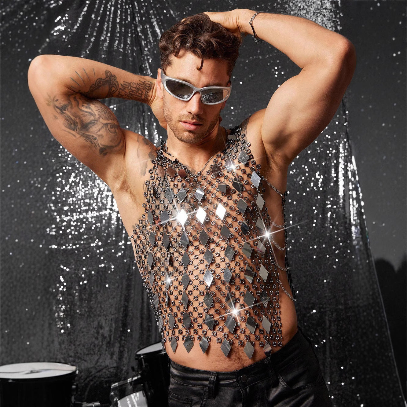 Diamond Mirror Sequin Rhinestone Mesh Crop Tank