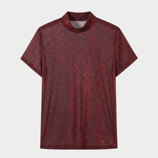 Red Sheer Metallic Mock Neck Tee