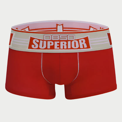 Red boxer briefs with a white and red waistband displaying 'OBO Superior' on a white background.