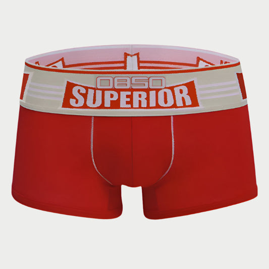 Red boxer briefs with a white and red waistband displaying 'OBO Superior' on a white background.